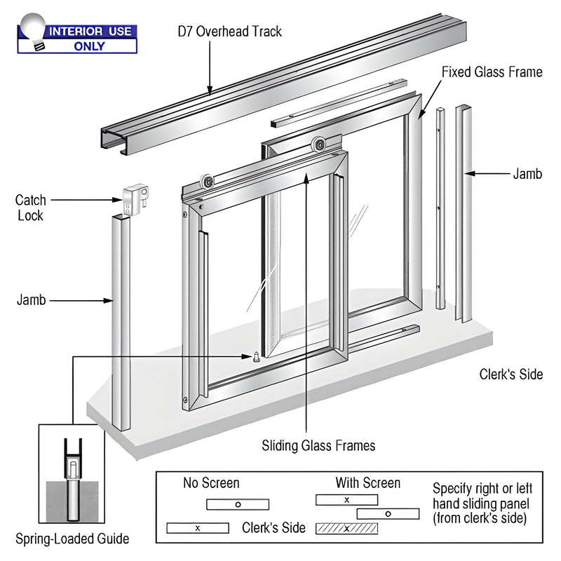 An exploded view diagram of the CRL Florence Model sliding pass-thru assembly showing the D7 overhead track, sliding glass frames, and jamb components.