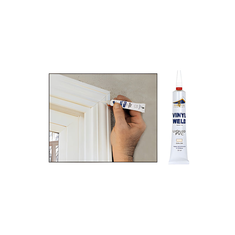 A hand applies TrimQuick Almond Vinyl Weld from a tube to a vinyl window frame joint.