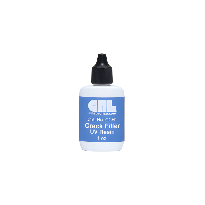 A 1 oz. bottle of CRL windshield crack repair UV resin with a blue label and black cap.