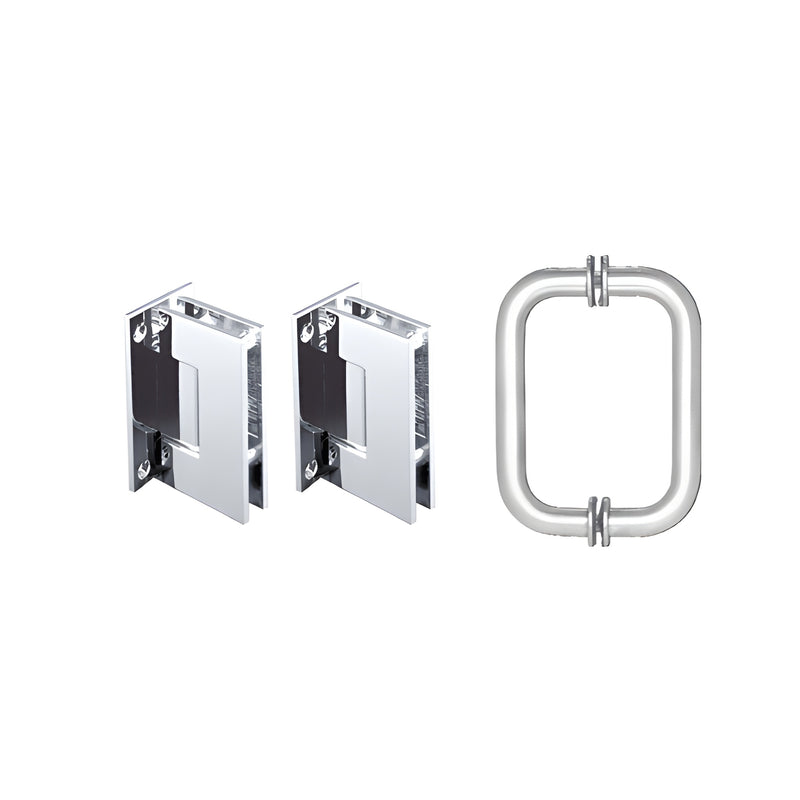 A polished chrome shower door pull handle and two wall-mount hinges from the Geneva series.