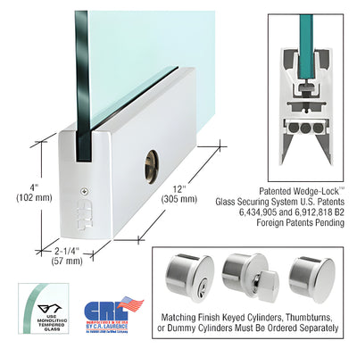 Satin Anodized 4" Square DRS Door Rail With Lock for 5/8" Glass - 12" Length