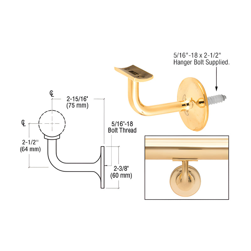 A polished brass Pismo Series wall mounted hand rail bracket shown with technical diagrams and a sample installation.
