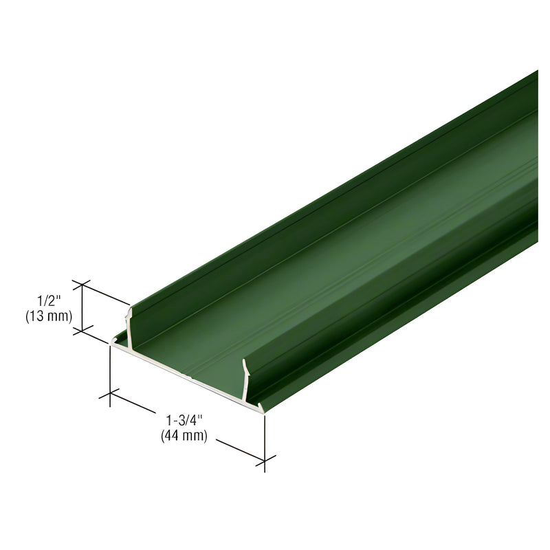 A green custom anodized aluminum narrow stile flat pocket insert shown with 1/2 inch by 1-3/4 inch dimension callouts.