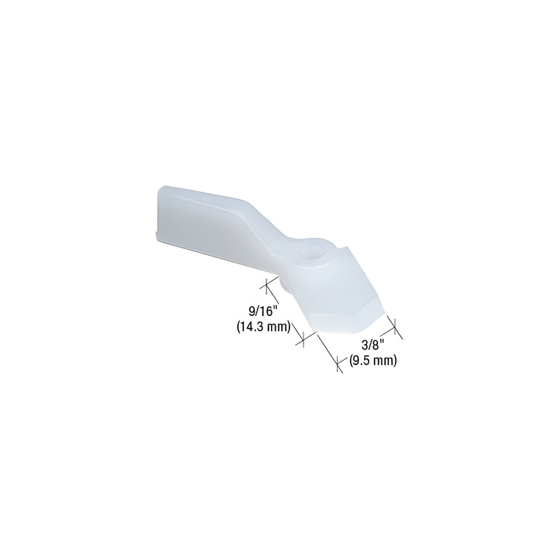 A white plastic turn button screen retainer clip shown with dimension lines indicating a 9/16 inch length and 3/8 inch width.