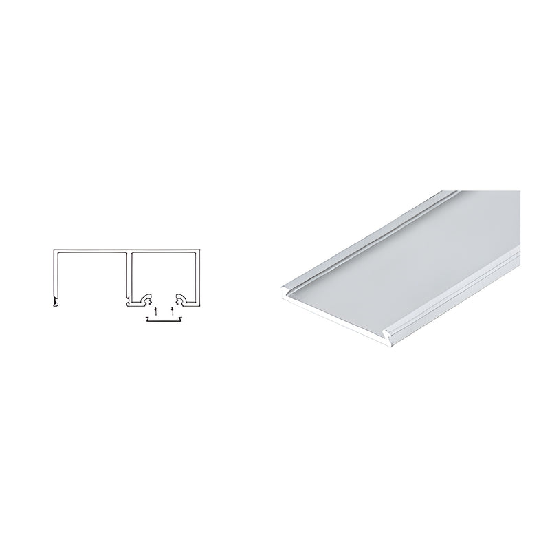 A technical line drawing and a perspective view of the satin anodized aluminum header snap-in filler profile.