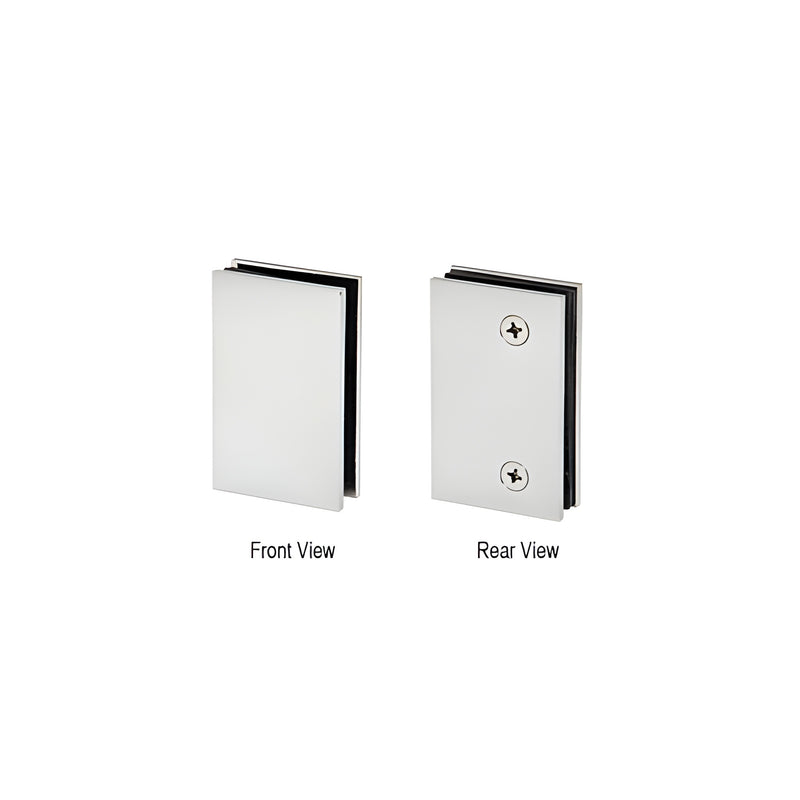 Front and rear views of a polished chrome Geneva series glass mount plate made of brass.