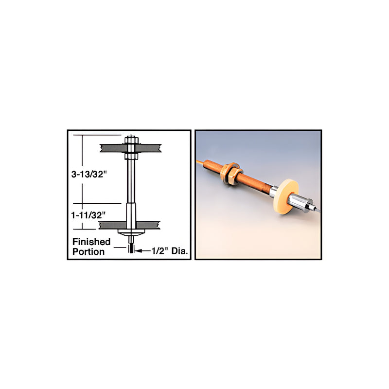 A technical diagram and product photo showing a polished chrome brass ceiling mount fitting for a cable display system.