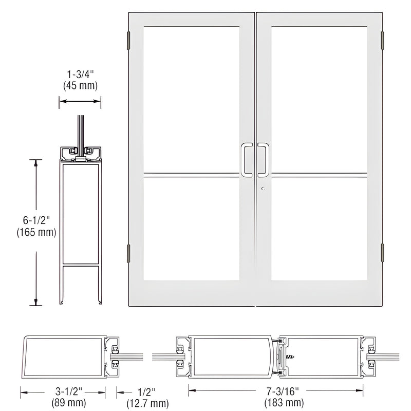 Technical diagram showing the profile and elevation views of a pair of Series 400 medium stile aluminum showroom doors with butt hinges.