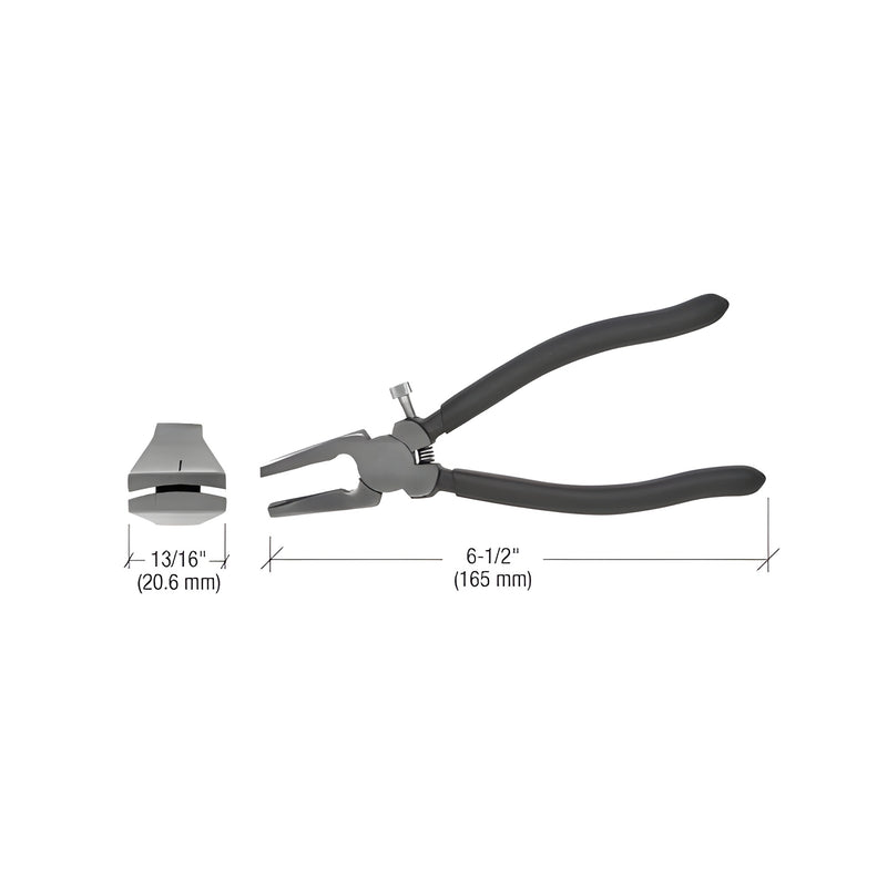 A pair of 6-1/2 inch glass running pliers with black handles and a 13/16 inch jaw width shown against a white background.