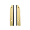 Two polished brass tapered end caps with black filler strips are shown side-by-side against a white background.