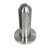 A brushed stainless steel round surface mount friction fit spigot for glass railings.