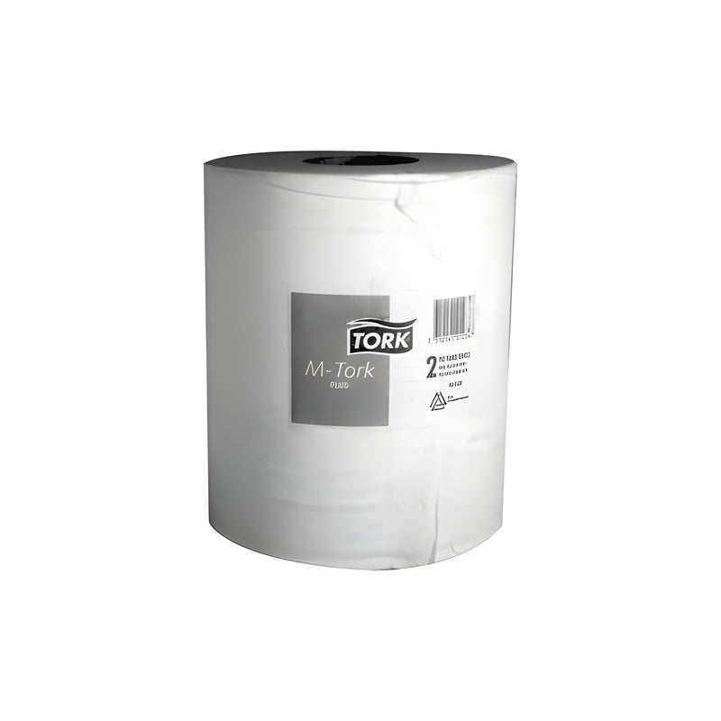 A single roll of white Tork M-Tork Plus absorbent cellulose glass wipers.