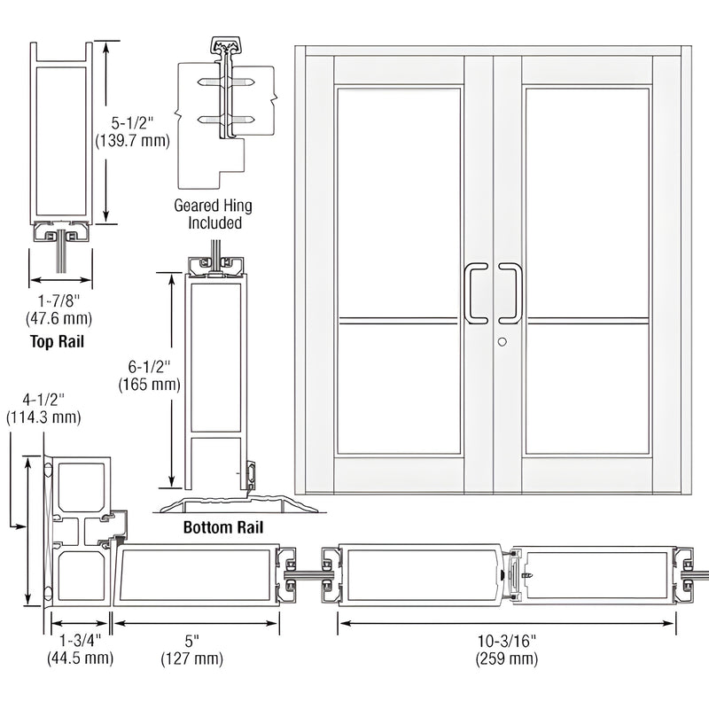 Technical diagram showing the profile dimensions and assembly of a Series 850 Durafront wide stile entrance door with geared hinges.