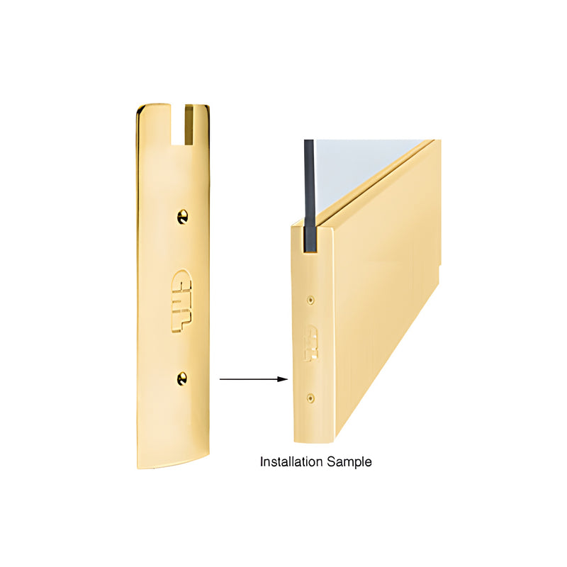 A polished brass square end cap for a 3/8 inch sidelite rail shown individually and installed on a glass panel.