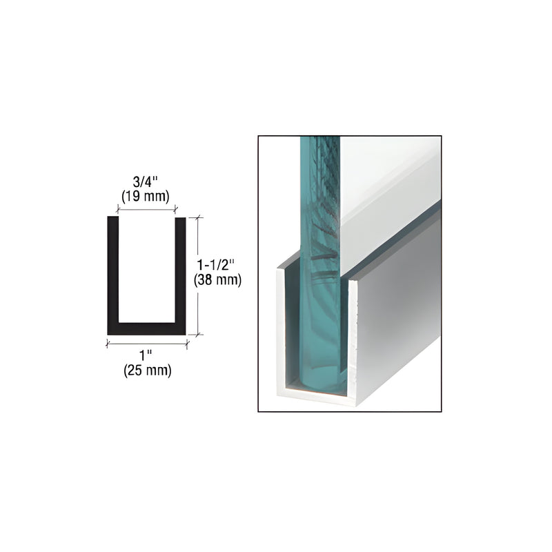 A technical diagram and a close-up view showing a piece of 3/8 inch glass installed into a satin anodized aluminum U-channel.