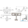A technical diagram and product photo showing the dimensions and design of the brushed stainless steel single arm wall or fin mounted fitting.