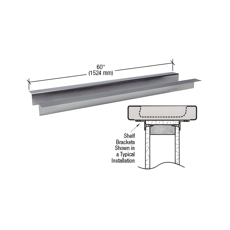 A 60-inch brushed stainless steel shelf bracket shown with a diagram illustrating a typical wall installation.
