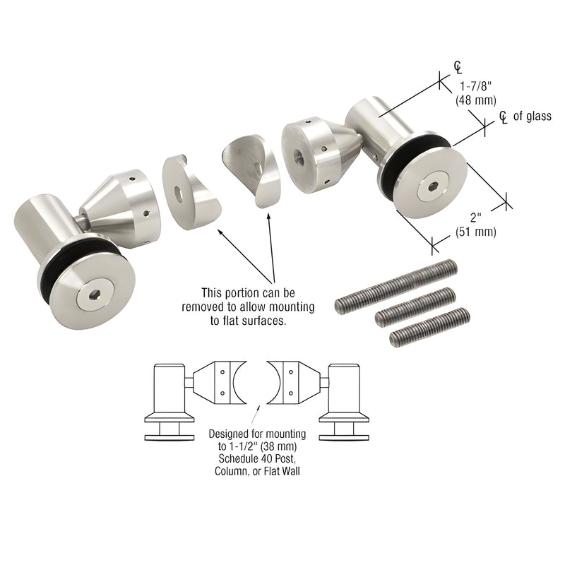 A polished stainless steel double arm fixed fitting set for 1/2 inch glass with removable adapters for flat or post mounting.