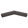 A matte black aluminum 135-degree horizontal corner piece for low profile glass cap rails.