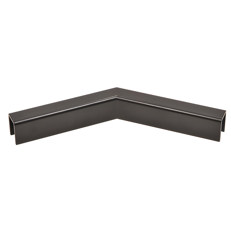 A matte black aluminum 135-degree horizontal corner piece for low profile glass cap rails.