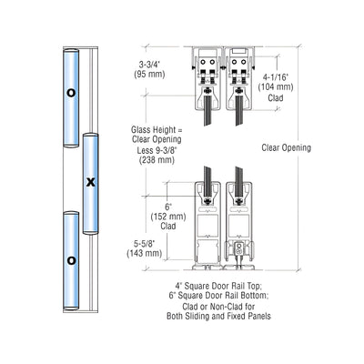CRL Satin Anodized OXO Format Sliding Door Entrance System - 4" Square Top 6" Square Bottom Rail