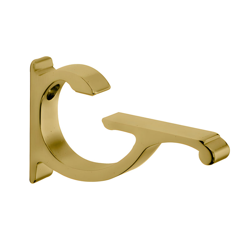 A single brushed brass aluminum shelf bracket shown from a side profile view.
