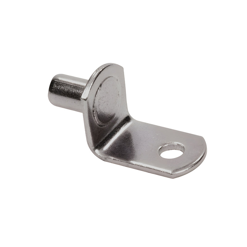 A single nickel-plated steel shelf support with a cylindrical peg and a flat mounting tab with a screw hole.