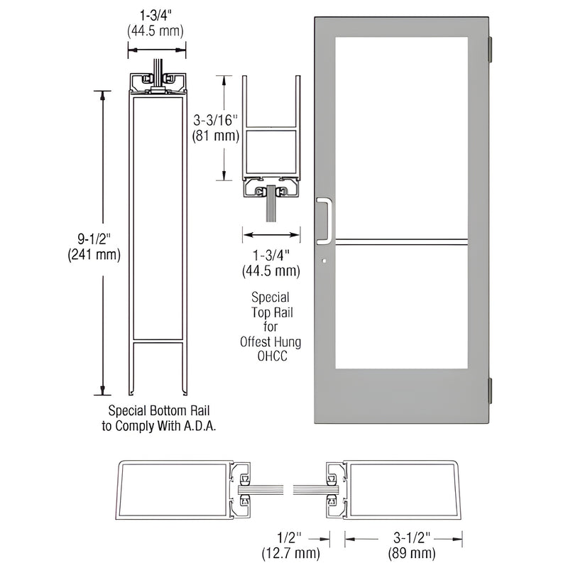 Technical diagram showing the profile dimensions and elevation of a Series 400 medium stile butt hinged entrance door with a clear anodized finish.
