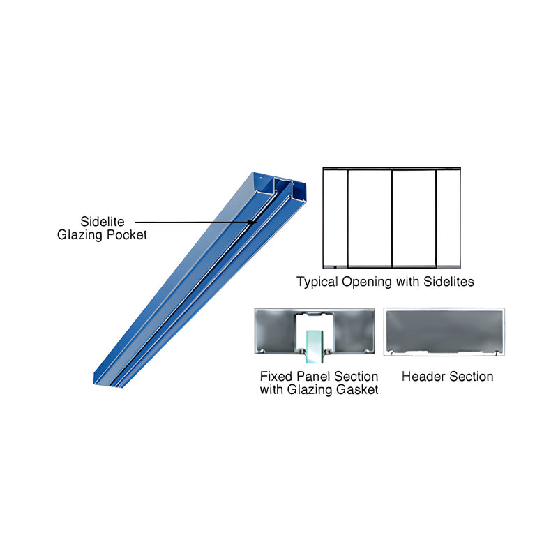 A technical diagram showing a blue powder-coated 4-inch header profile with a sidelite glazing pocket for 3/8 to 1/2 inch glass.