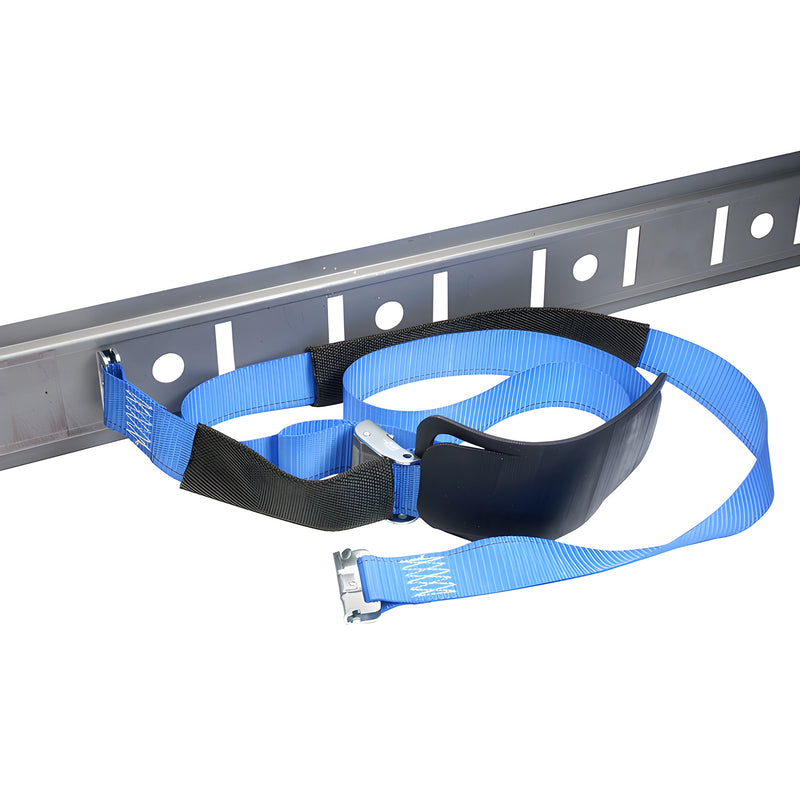 A blue polyester glass tie strap with steel hardware attached to a metal mounting rail.