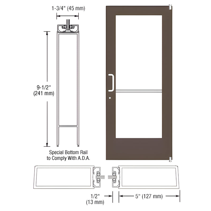 Technical diagram showing the profile and elevation of a black bronze anodized wide stile offset pivot entrance door with an A.D.A. compliant bottom rail.