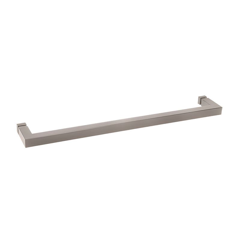 A brushed nickel 24-inch square tubing towel bar with mitered corners designed for glass mounting.