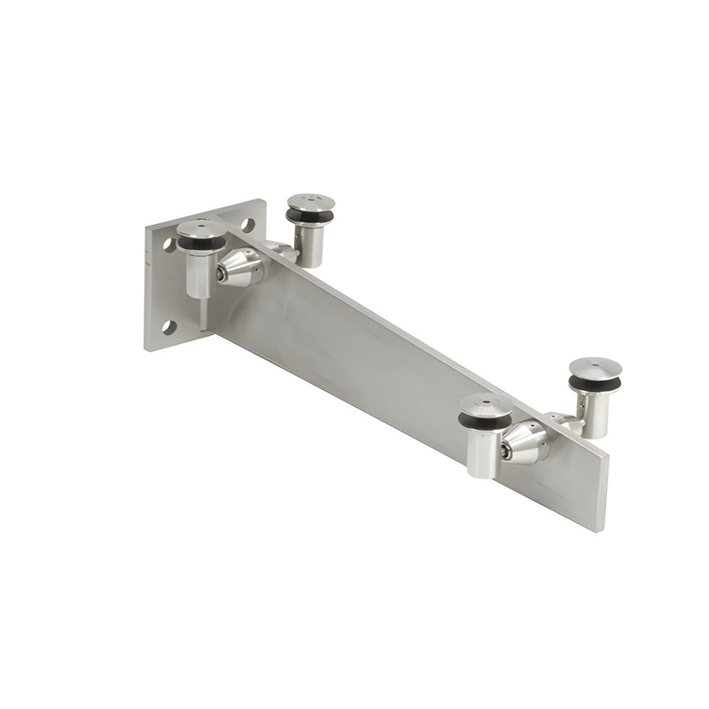 A brushed stainless steel sloped wall bracket for glass awnings featuring four mounting points.
