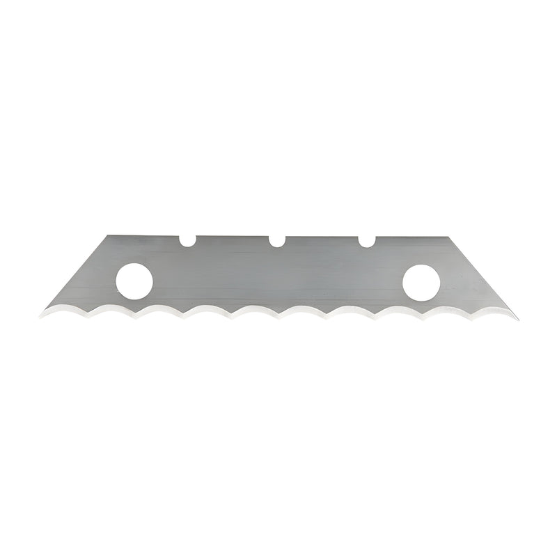 A single metal CRL extra long serrated blade featuring a scalloped cutting edge and mounting holes.