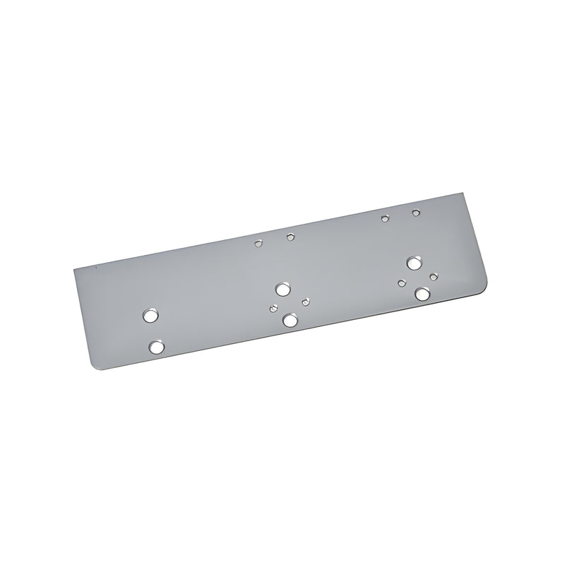 A rectangular aluminum drop plate for surface door closers featuring pre-drilled mounting holes.