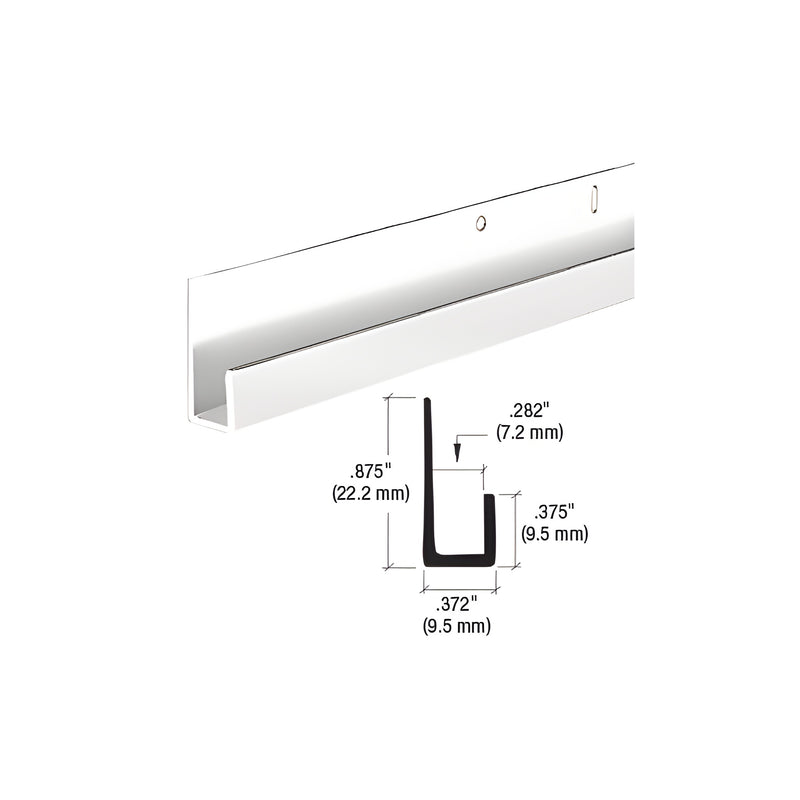 A polished brite anodized aluminum J-channel is shown with a technical cross-section diagram displaying its 7/8" height and 0.282" inside dimension.