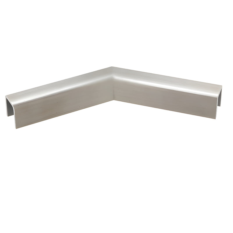 A brushed stainless steel 135-degree horizontal corner connector for low profile cap railings.