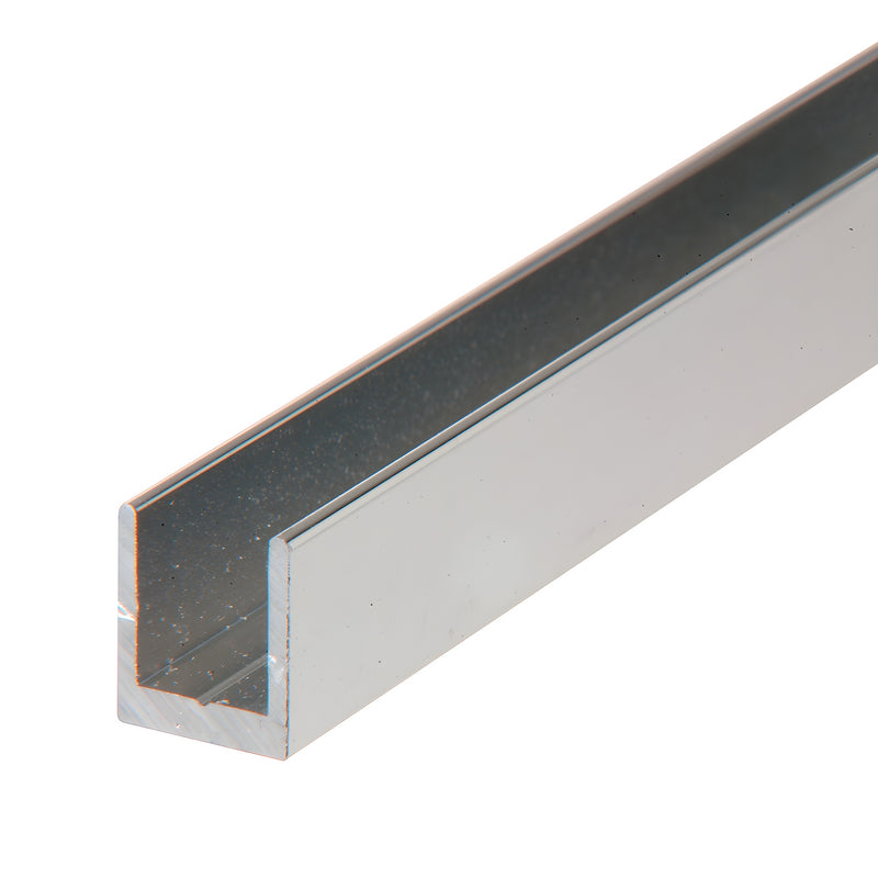 A close-up view of a single aluminum U-channel with a brite anodized finish.
