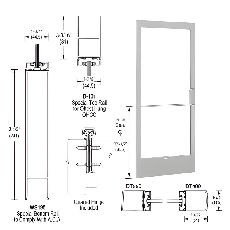 Technical diagram showing the profile dimensions and components of a 250 Series narrow stile inactive door leaf with a geared hinge.