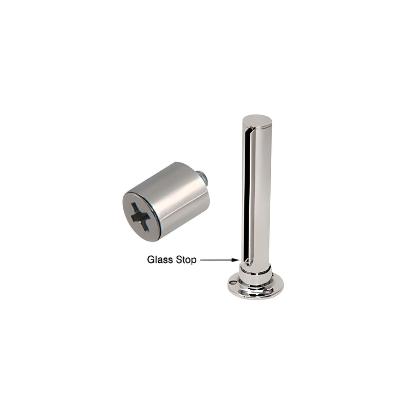 A polished stainless steel glass stop component shown with its mounting base and a separate cylindrical fastener.