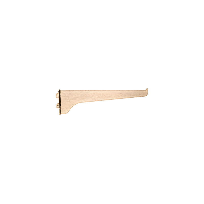 A side view of a 12-inch brass-finished steel KV shelf bracket with mounting hooks.
