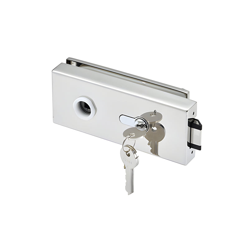 A polished stainless steel glass mount lever lock with keys attached, designed for 3/8 inch to 1/2 inch tempered glass doors.