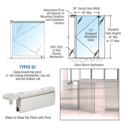 CRL Brushed Stainless 1202 Series Custom Glass-to-Glass Mounted Gate w/In-Rail Closing Mechanism, Cap Rail, and Full Bottom Rail
