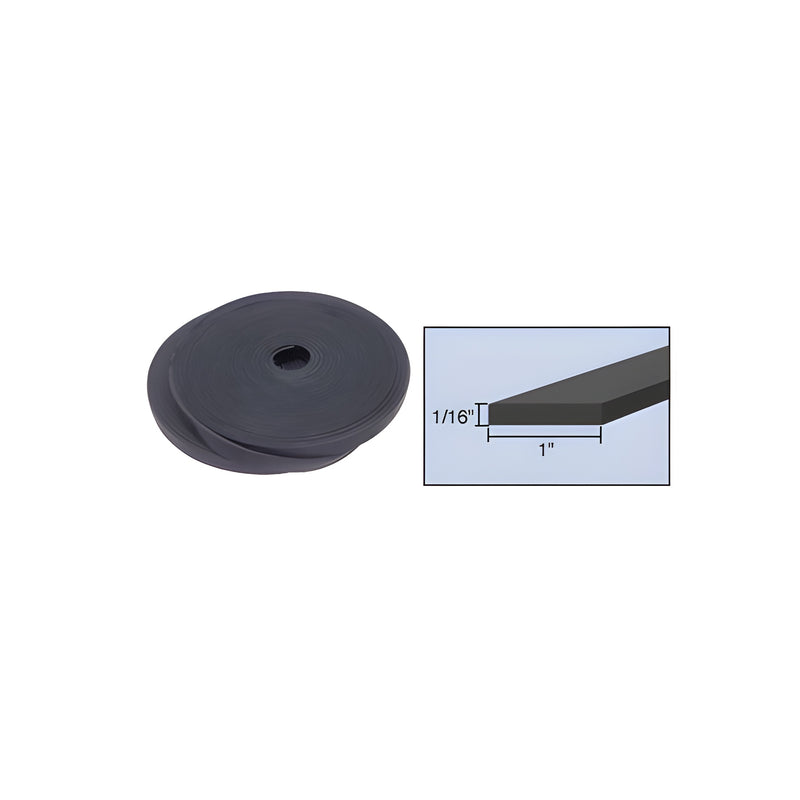 A 100-foot roll of black flexible PVC setting block material shown next to a diagram illustrating its 1/16-inch thickness and 1-inch width.