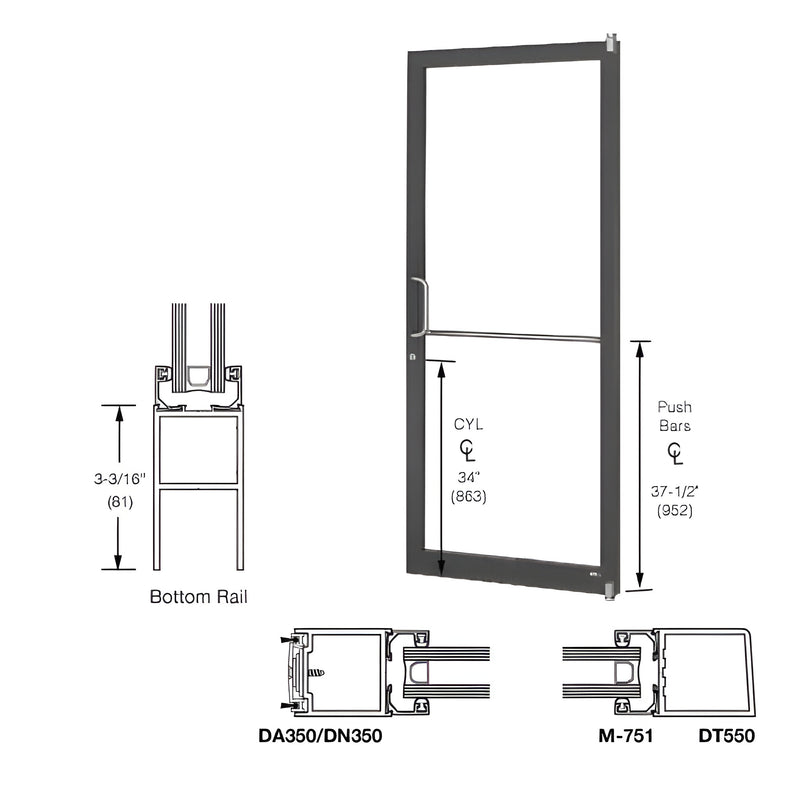 Technical diagram showing a 250 Series narrow stile active leaf door with a black bronze anodized finish, including bottom rail and hardware dimensions.