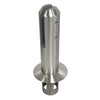 A brushed stainless steel round core mount friction fit spigot for glass railing systems.