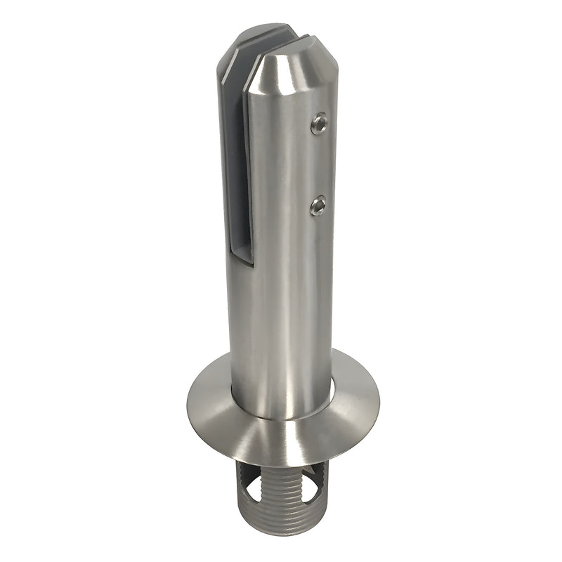 A brushed stainless steel round core mount friction fit spigot for glass railing systems.