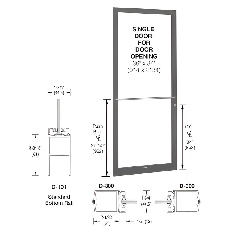 Technical diagram showing the dimensions and components of a 250 Series narrow stile single door with a black bronze anodized finish.