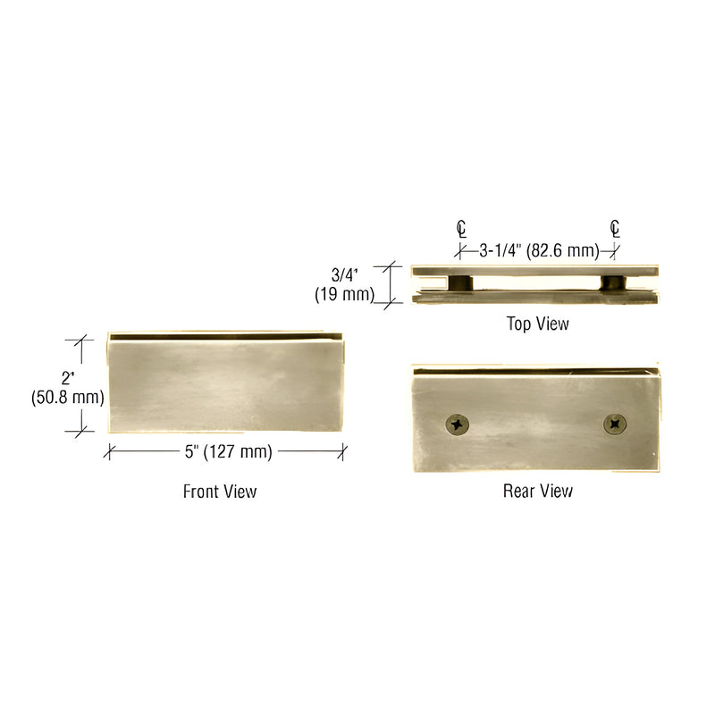 Technical diagram showing the front, top, and rear views of a brushed bronze square glass-to-glass clamp with dimensions.