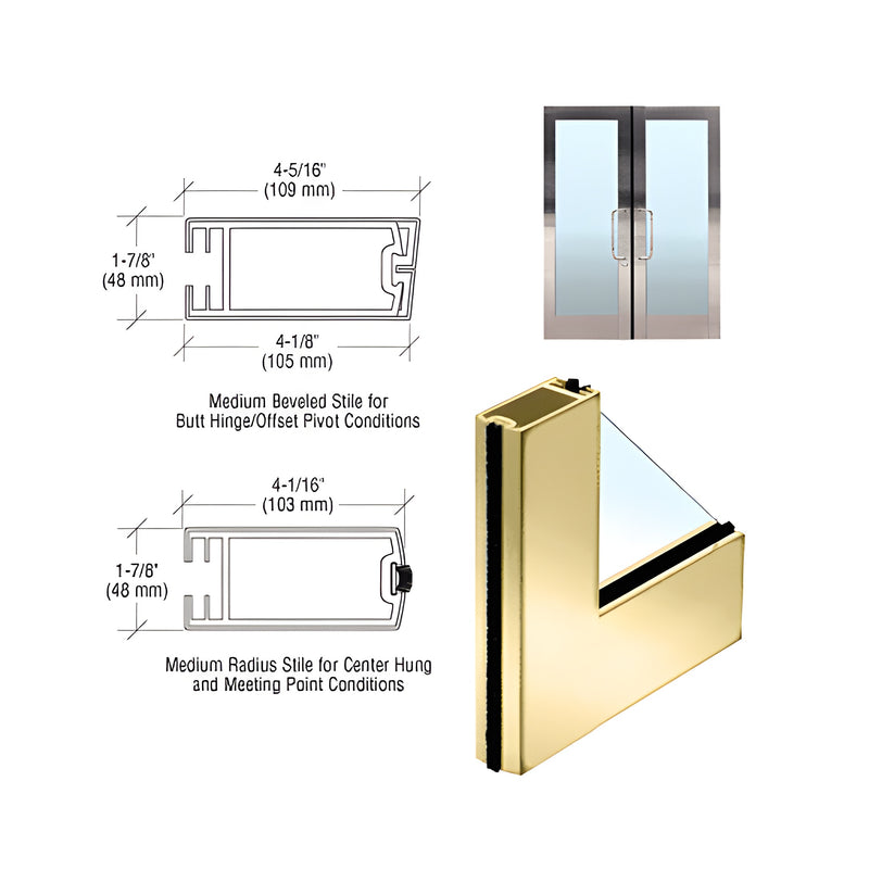 A technical diagram showing the profile dimensions of the CRL FFM1 series medium stile clad full framed door in polished brass.